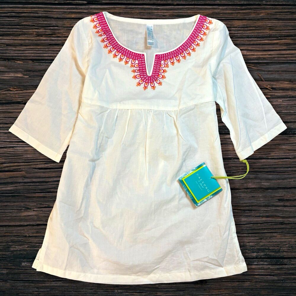 Calypso St Barth White Embroidered Tunic Dress XS 4/5 Boho Resort Beach